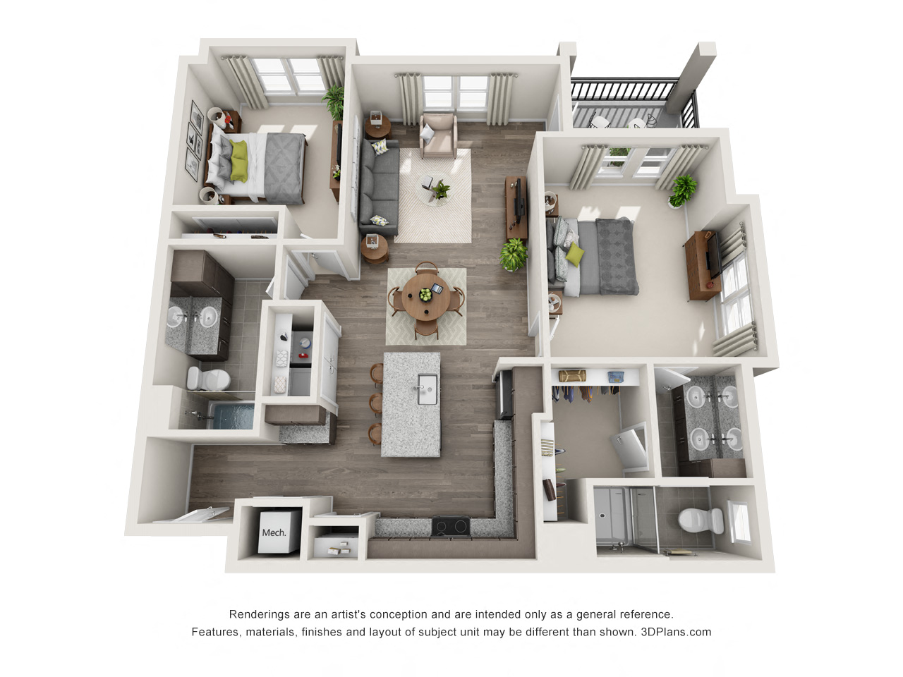 Floor plan for 2 beds, 2 baths, 1188 sqft
